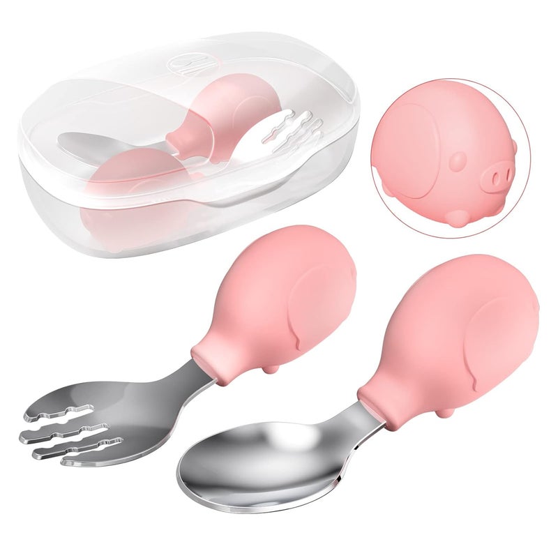 Deejoy Toddler Utensils - Stainless Steel Spoons and Forks, Kids Silverware Set with Travel Case (Pink) - Image 1